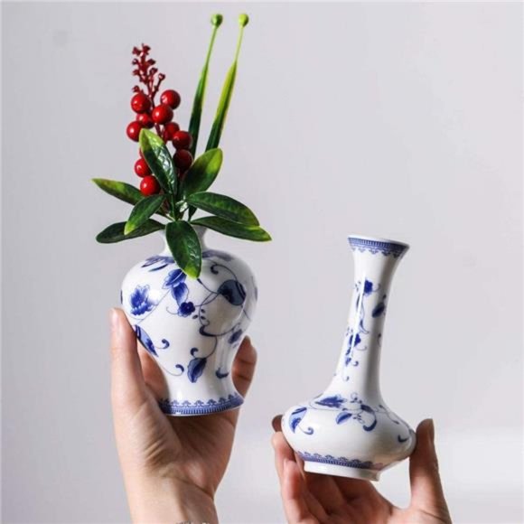 Chinese Ceramic Vase Set - Small Blue and White Porcelain Vases, Fambe Glaze - Picture 4 of 6